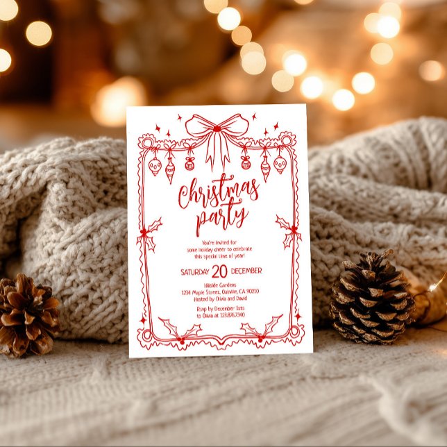 Whimsical Red and White Hand Drawn Christmas Party Invitation (Creator Uploaded)