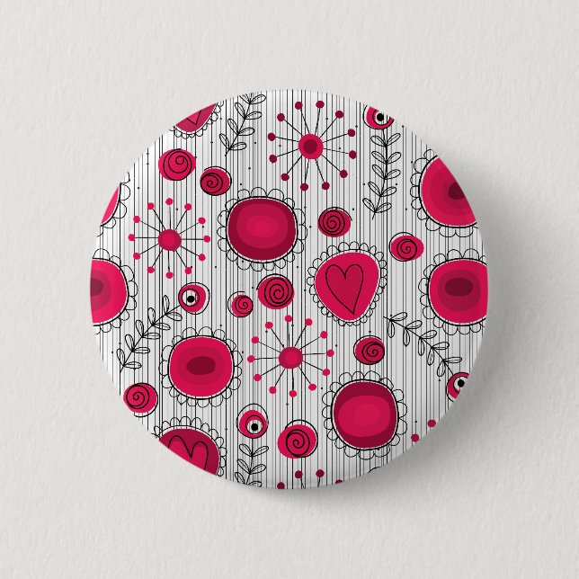 Whimsical red and white hearts and flowers floral 6 cm round badge (Front)