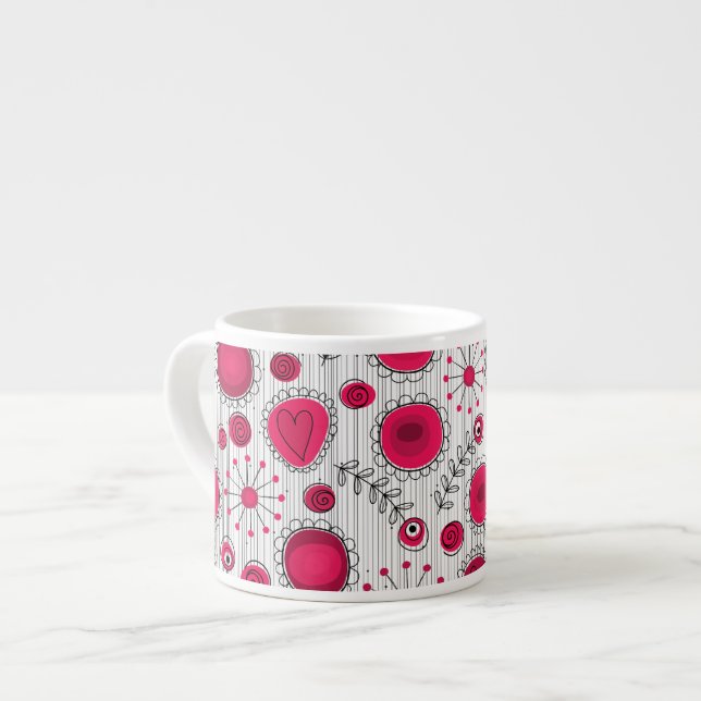 Whimsical red and white hearts and flowers floral espresso cup (Front Left)
