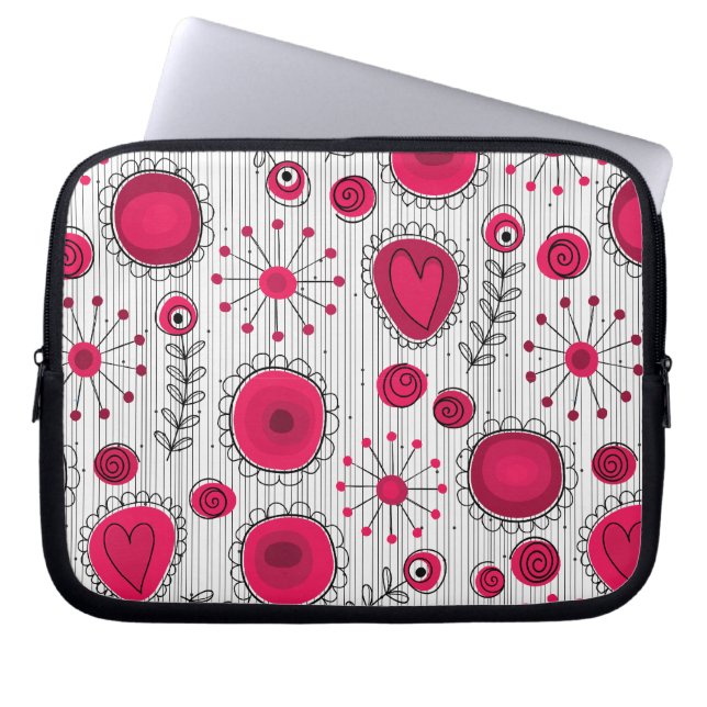 Whimsical red and white hearts and flowers floral laptop sleeve (Front)