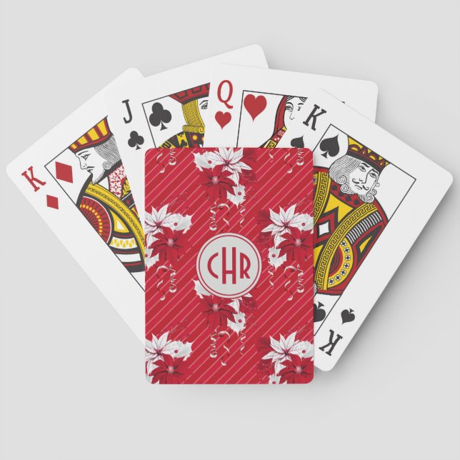 Whimsical Red and White Poinsettia Pattern Playing Cards (Back)