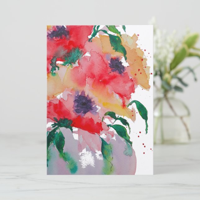Whimsical Red and Yellow Flowers in a Pinky Vase | Thank You Card (Standing Front)