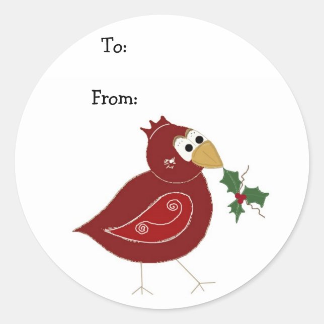 Whimsical Red Bird with Sprig of Holly Classic Round Sticker (Front)