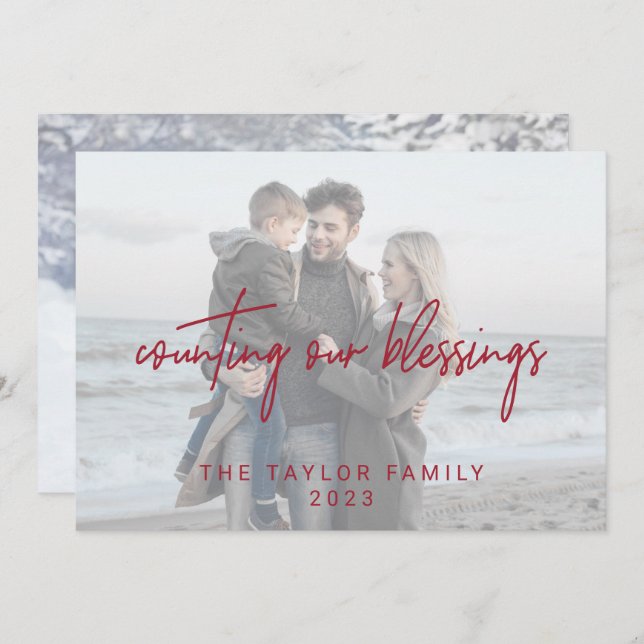 Whimsical Red Blessings 2 Horizontal Photos Holiday Card (Front/Back)