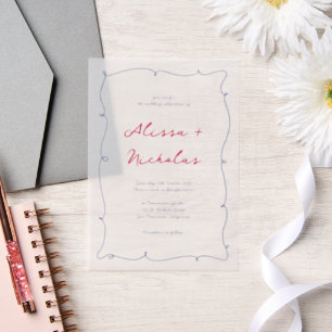 Whimsical Red & Blue Hand Drawn Border Wedding Vellum Invitations