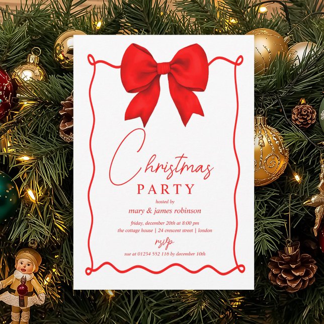 Whimsical Red Bow Christmas Holiday Party  Invitation (Whimsical Red Bow Christmas Holiday Party Invitation)
