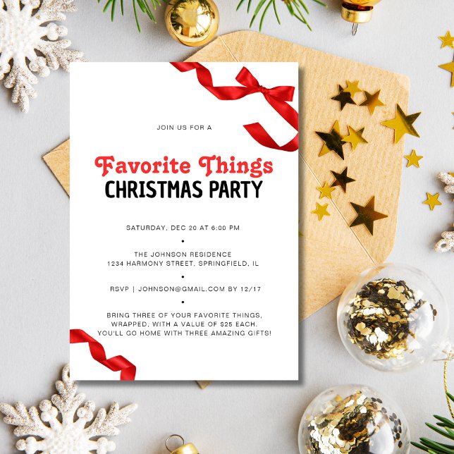 Whimsical Red Bow Favourite Things Christmas Party Invitation (Whimsical Red Bow Favorite Things Christmas Party Invitation)