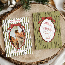 Whimsical Red Bow Green Stripes Photo Christmas