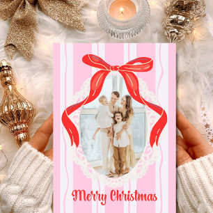 Whimsical Red Bow Pink Stripe Photo Christmas Holiday Card