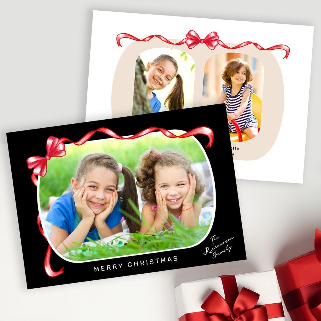 Whimsical Red Bow Ribbon 3 Photos Christmas Holiday Card (Creator Uploaded)