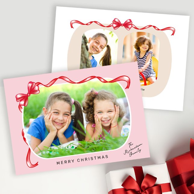 Whimsical Red Bow Ribbon 3 Photos Christmas Holiday Card (Creator Uploaded)