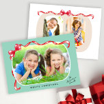 Whimsical Red Bow Ribbon 3 Photos Christmas Holiday Card<br><div class="desc">Send your family and friends holiday greetings with this cute whimsical Christmas card featuring your family's photo adorned with a festive red ribbon and bow on a light green background. The design offers space for 2 more photos on the back side.</div>