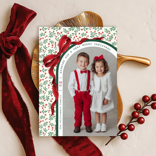 Whimsical Red Bow Ribbon Christmas Holiday Photo (Creator Uploaded)
