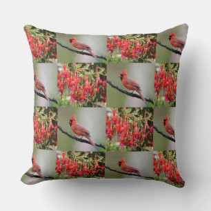 Whimsical Red Cardinal and Fuchsia Pattern Cushion