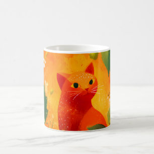 Whimsical Red Cat Wildflower Garden Coffee Mug