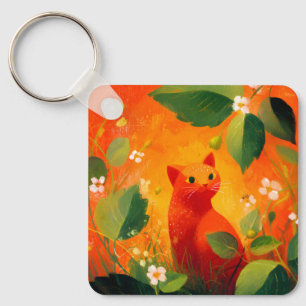 Whimsical Red Cat Wildflower Garden Key Ring