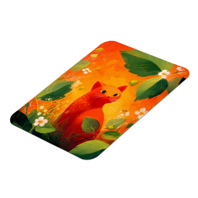Whimsical Red Cat Wildflower Garden Magnet (Left Side)