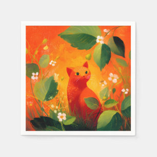 Whimsical Red Cat Wildflower Garden Napkin
