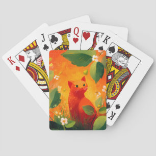 Whimsical Red Cat Wildflower Garden Playing Cards