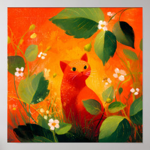 Whimsical Red Cat Wildflower Garden Poster