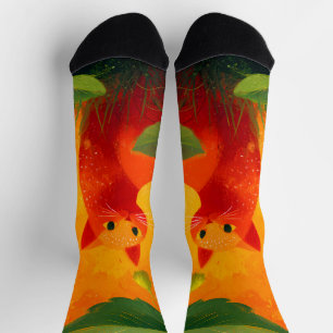 Whimsical Red Cat Wildflower Garden Socks