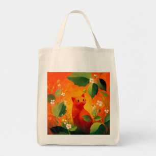 Whimsical Red Cat Wildflower Garden Tote Bag