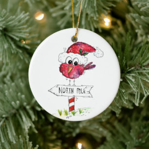 Whimsical Red Christmas Bird Ceramic Ornament