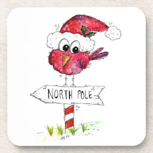Whimsical Red Christmas Bird Coaster