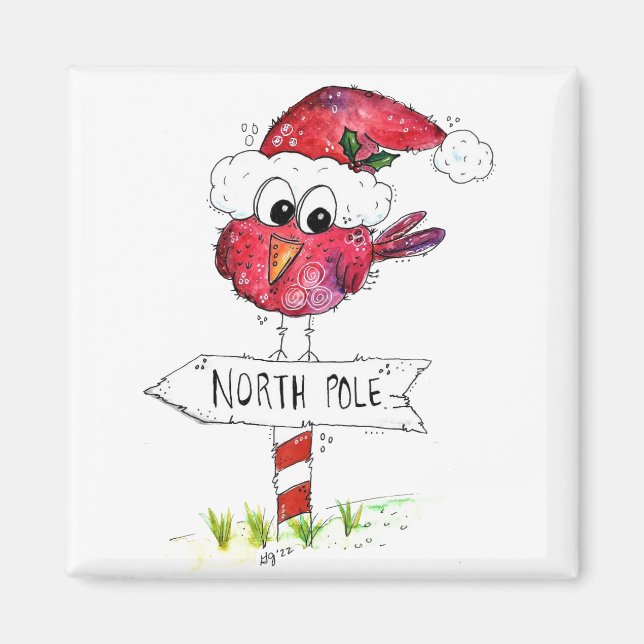 Whimsical Red Christmas Bird Magnet (Front)