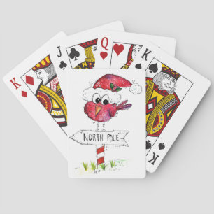 Whimsical Red Christmas Bird Playing Cards