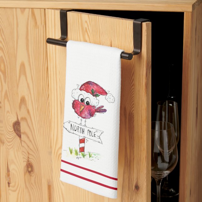 Whimsical Red Christmas Bird Tea Towel (Thirds Fold)