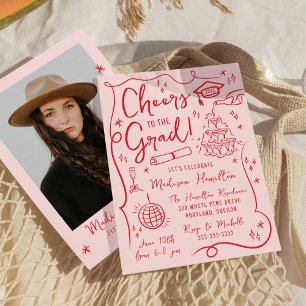 Whimsical Red Doodles Photo Graduation Party Invitation