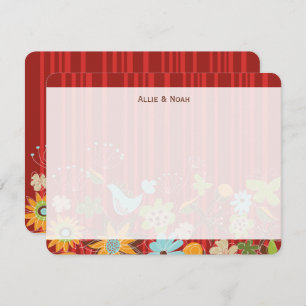 Whimsical Red Floral Garden And Bird Fun Wedding Thank You Card