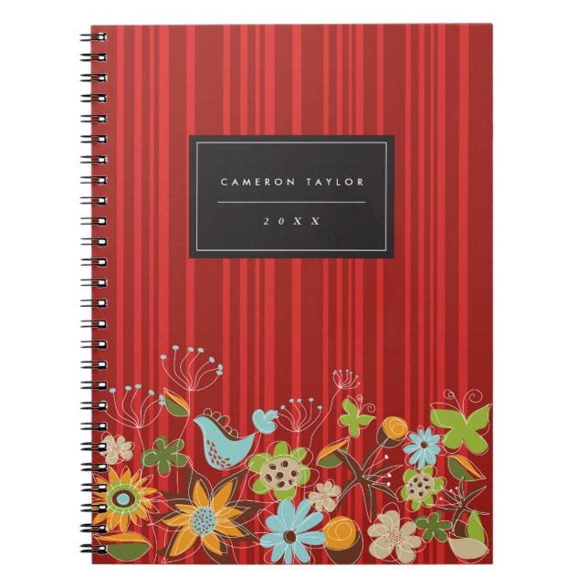 Whimsical Red Floral Garden & Bird Custom Notebook (Front)