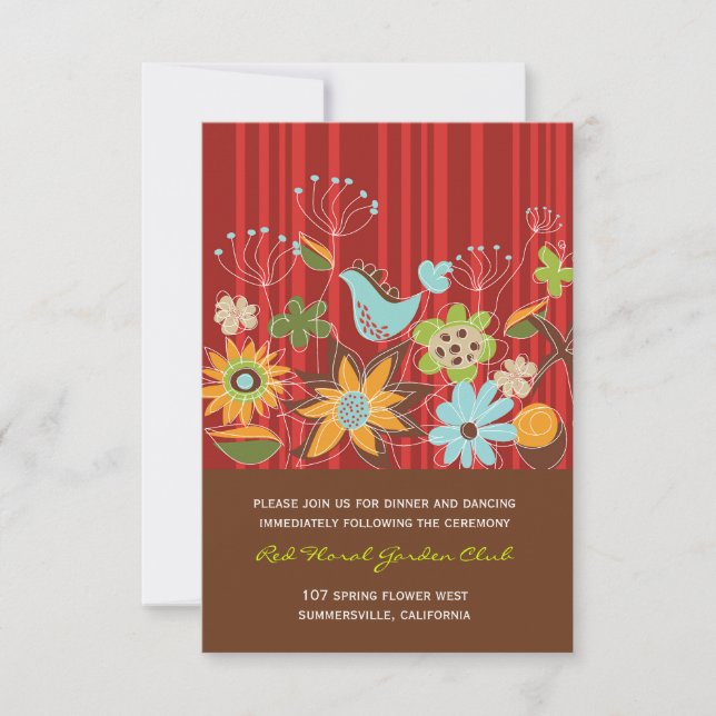 Whimsical Red Floral Garden Wedding Reception Card (Front)