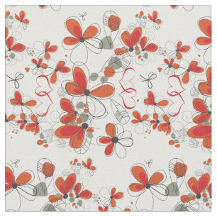 Whimsical Red Flowers and Hearts Fabric