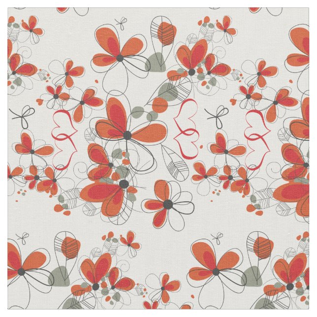 Whimsical Red Flowers and Hearts Fabric (Close Up)