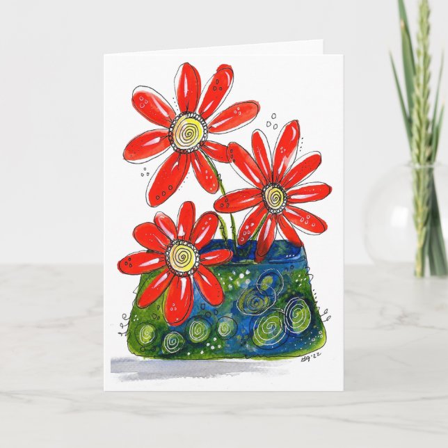 Whimsical Red Flowers Card (Front)