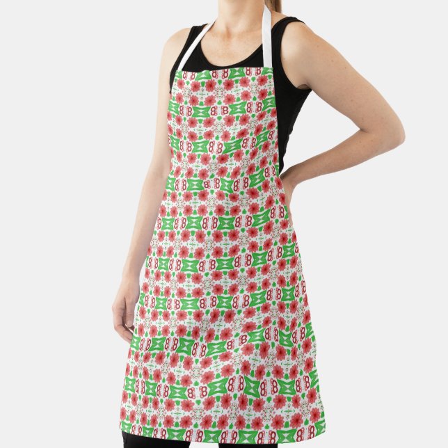 Whimsical Red Flowers Green Leaves On White Art Apron (Insitu)