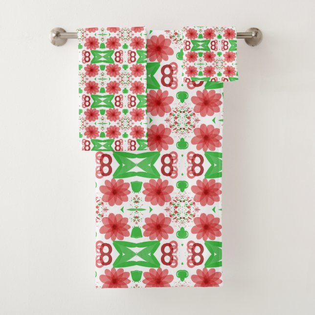 Whimsical Red Flowers Green Leaves On White Art Bath Towel Set (Insitu)