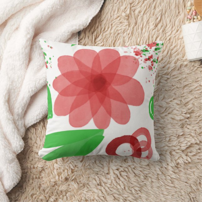 Whimsical Red Flowers Green Leaves On White Art Cushion (Blanket)