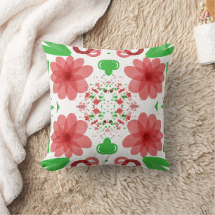 Whimsical Red Flowers Green Leaves On White Art Cushion