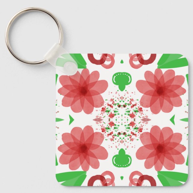 Whimsical Red Flowers Green Leaves On White Art Key Ring (Front)