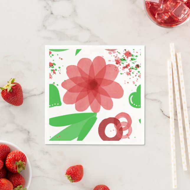 Whimsical Red Flowers Green Leaves On White Art Napkin (Insitu)