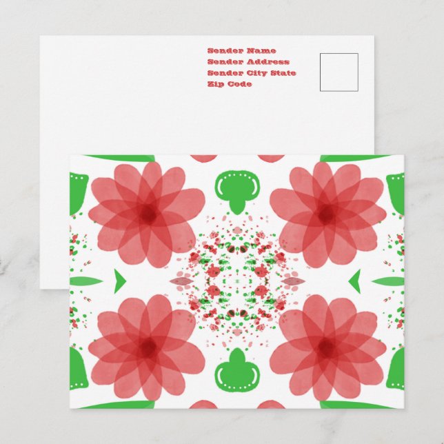 Whimsical Red Flowers Green Leaves On White Art Postcard (Front/Back)