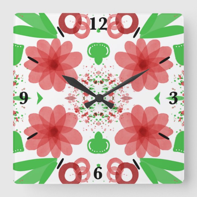 Whimsical Red Flowers Green Leaves On White Art Square Wall Clock (Front)