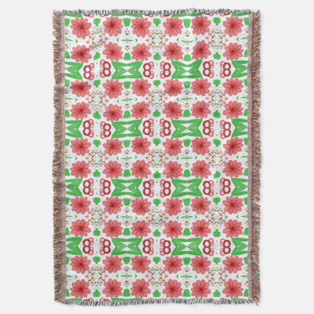 Whimsical Red Flowers Green Leaves On White Art Throw Blanket (Front Vertical)