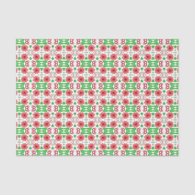 Whimsical Red Flowers Green Leaves On White Art Tissue Paper (Front)