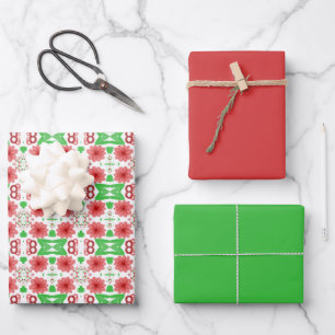 Whimsical Red Flowers Green Leaves On White Art Wrapping Paper Sheet