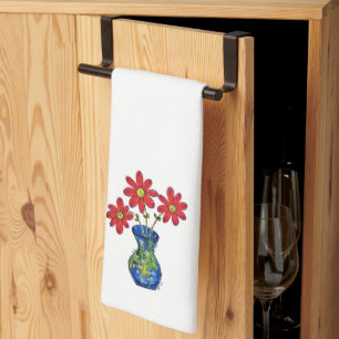 Whimsical Red Flowers in Blue Vase Tea Towel